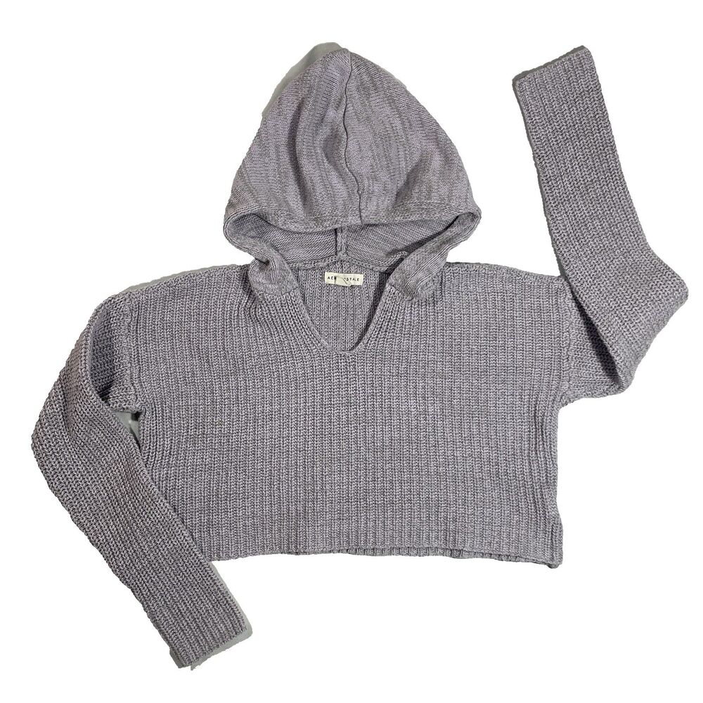 Aeropostale Tight Knit Hooded Crop Sweater Womens Size XS Purple V-Neck Beachy